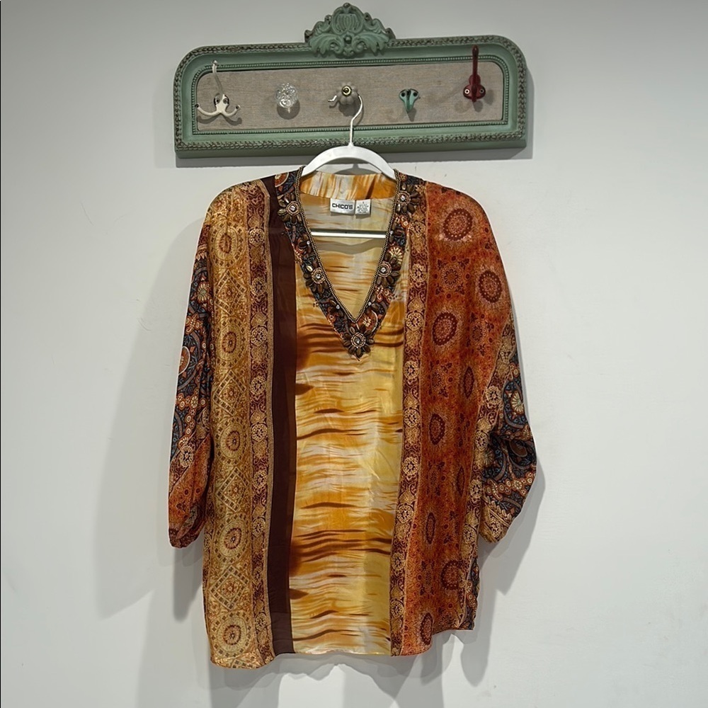 Vintage Chico’s Silk Boho Multicolor V-Neck Mixed Print Blouse size 3 large top